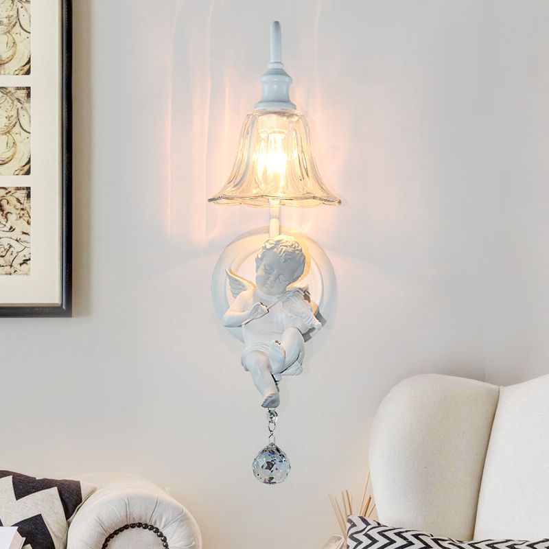 Cream Angel Wall Light Decorative 1-Head Resin Wall Mounted Lamp with Flower Clear Glass Shade and Crystal Orb