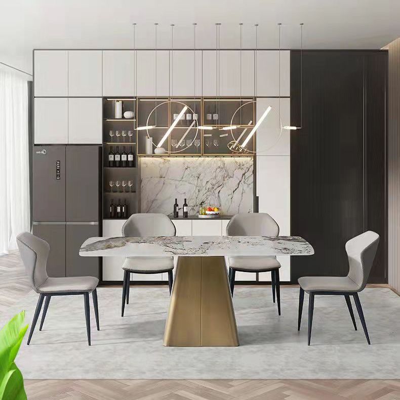 Traditional Rectangle Luxury Dining Table White Sintered Stone Table with Metal Pedestal Base