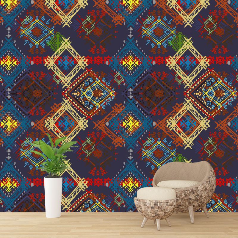 Boho Check Seamless Pattern Mural Decal for Bedroom Personalized Wall Covering in Red-Yellow-Blue