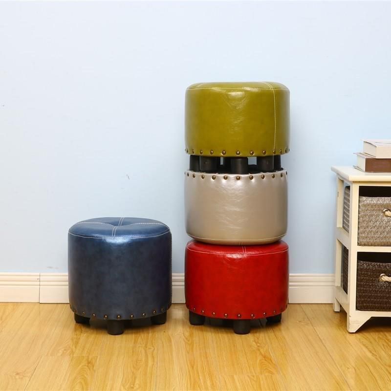 Cylinder Pouf Pure Color Tufted Nailhead Trim Faux Leather Standard Ottoman