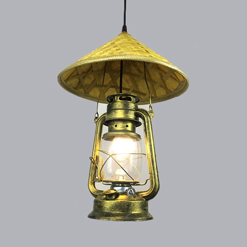 Luz de sombrero de lodge Rattan 1 Lámpara de comedor ligero con tono de linterna de metal en latón, 12 "/18" W
