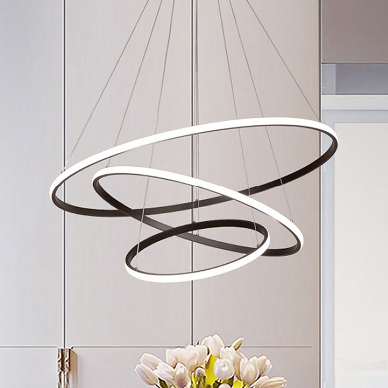 Black Tiered Slim Loop Chandelier Simplicity Aluminum LED Pendant Lighting in Warm/White Light for Living Room