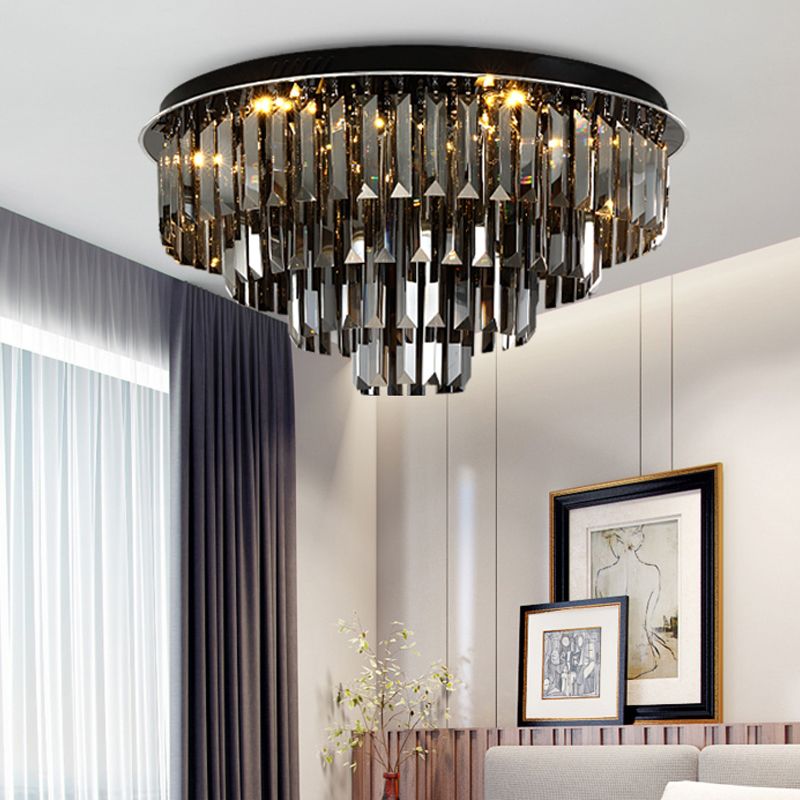 Smoke Gray Layered Ceiling Lamp Contemporary Crystal LED Ceiling Mount Light for Dining Room