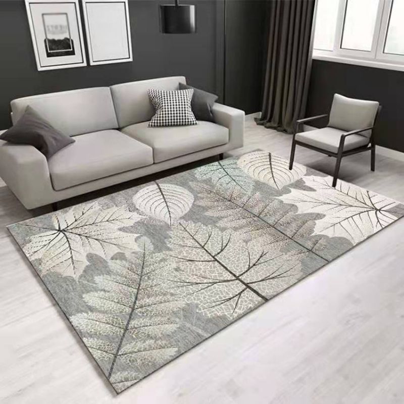 Grey Tone Vintage Area Rug Polyester Leaves Print Rug Non-Slip Backing Indoor Rug for Living Room