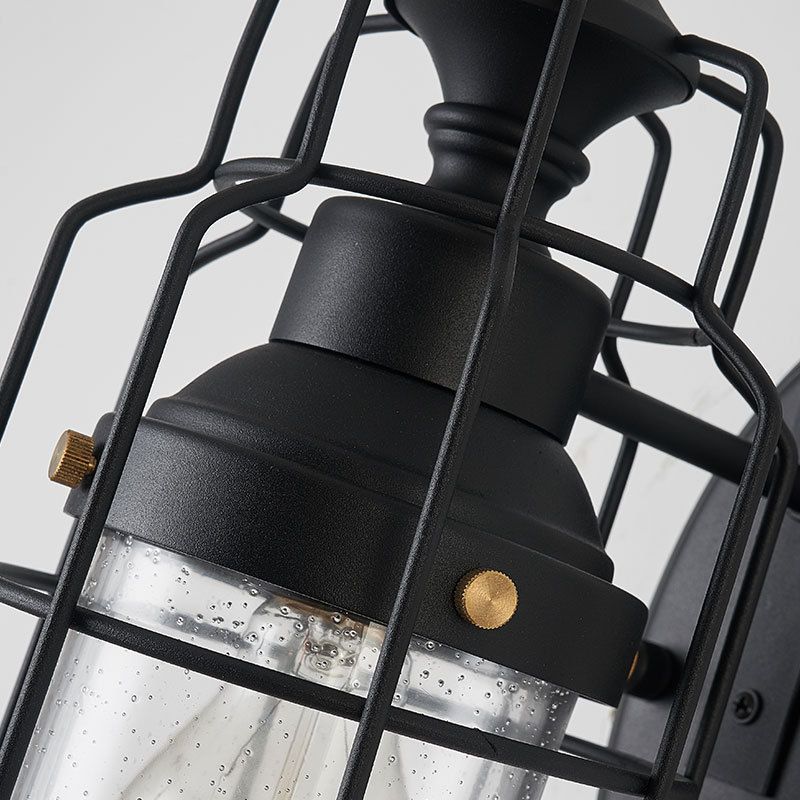 1 Light Bell Shade Sconce Light Industrial Black Seedy Glass Wall Lamp for Corridor with Metal Cage Frame