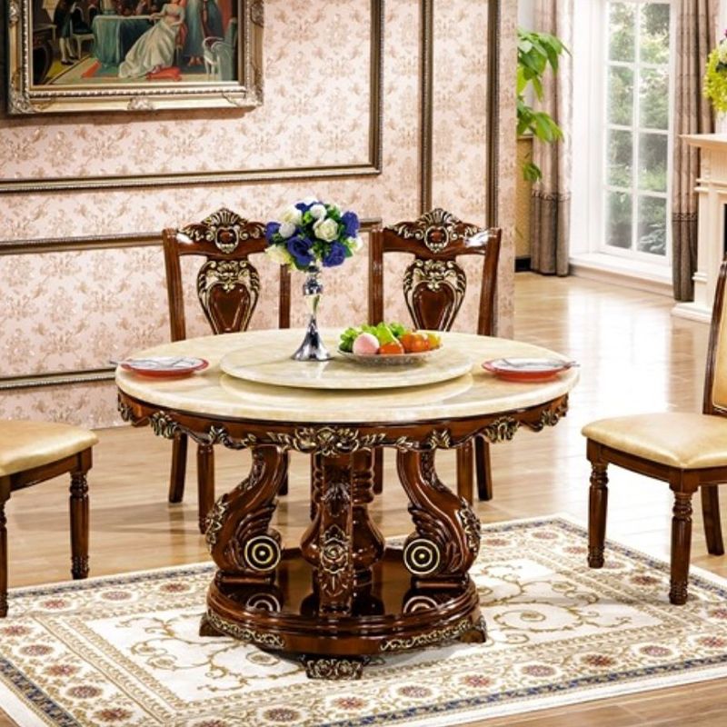 Round Shape Dining Site Table Marble Pedestal Dining Room Collection with Turntable