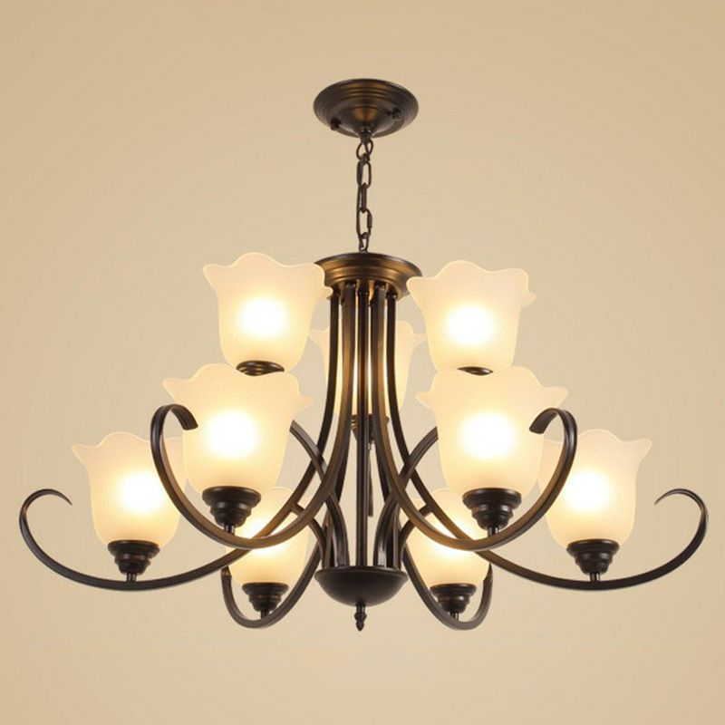 Classic Floral Chandelier Lighting Iron Pendant Light with Ruffled Cream Glass Shade