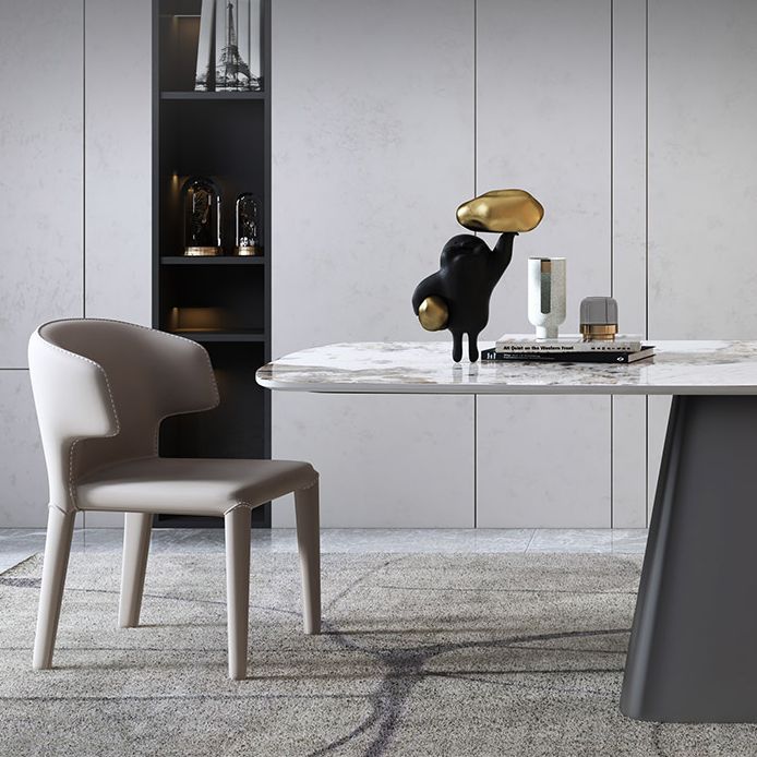 Mesa de comedor rectangular de lujo tradicional de metal, mesa superior de piedra sinterizada con base de pedestal