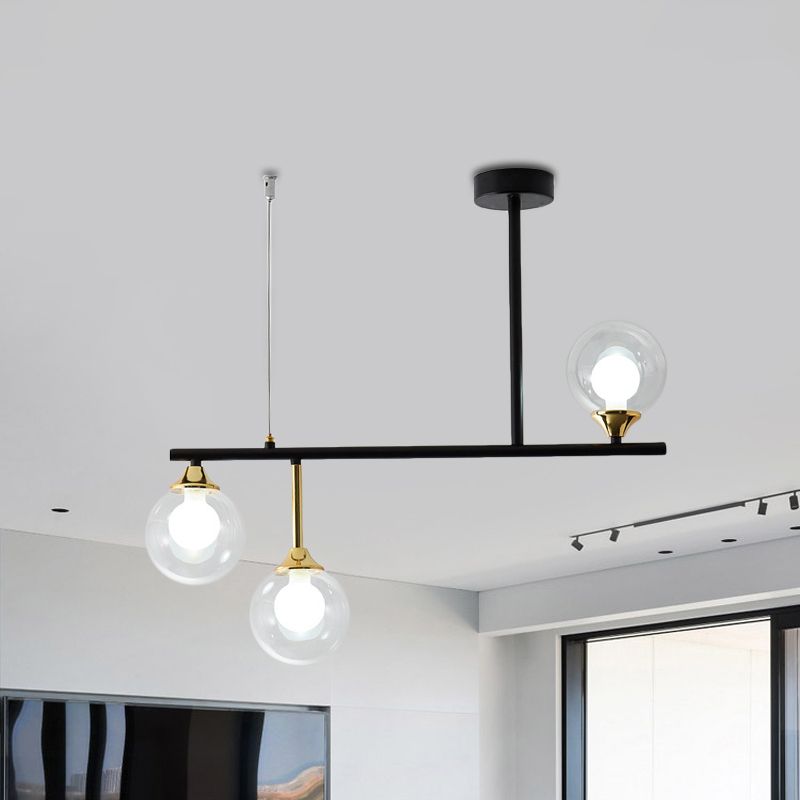 3 Bulbs Globe Island Lighting Modernism Clear Glass Pendant Light Fixture in Black for Dining Room