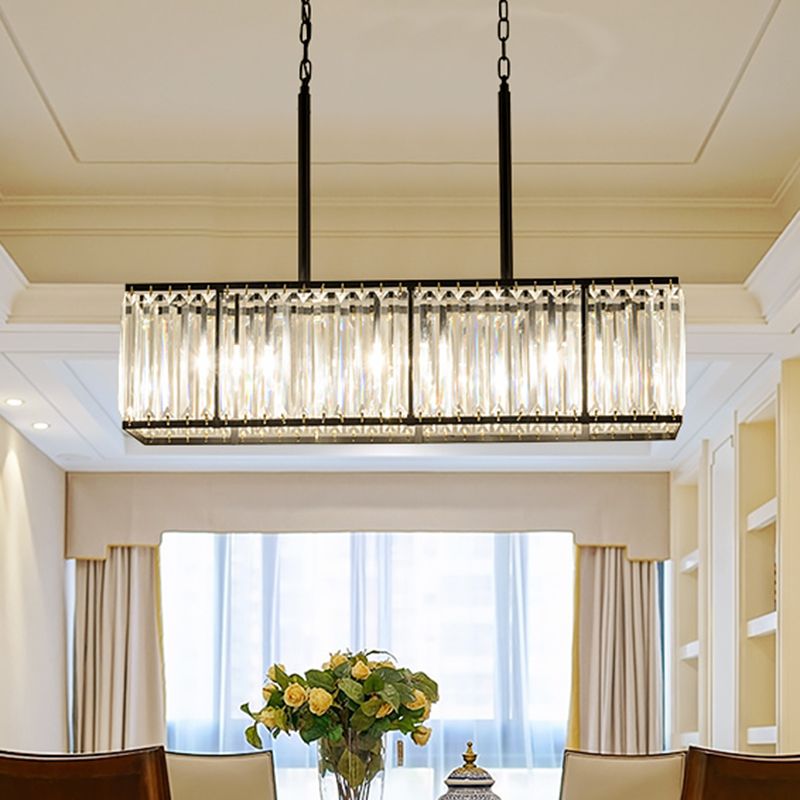 Rectangular Clear Crystal Island Pendant Modern 5 Bulbs Black Suspension Light for Dining Room