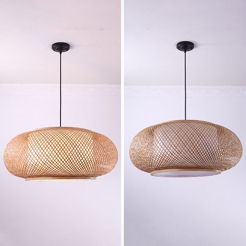 Farmhouse Natural Bamboo Pendant Lighting 1 Light Round Drum Dining Room Hanging Lamp in Beige