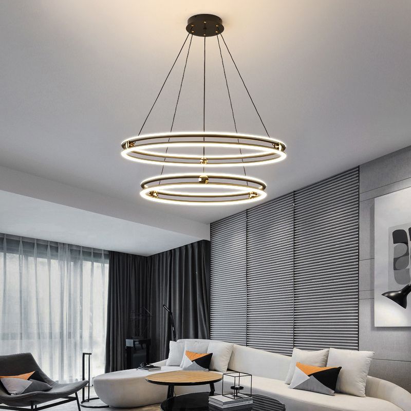 Black and White Circle Chandelier Minimalistic Aluminum LED Hanging Light for Dining Room