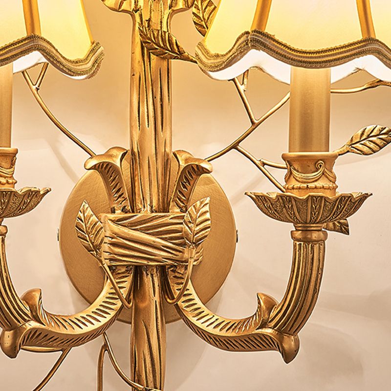 2 Lights Empire Shade Wall Sconce Vintage Brass Fabric Wall Mounted Lighting with Curved Metal Arm