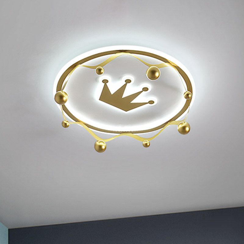 Gold Crown Flush-Mount Light Fixture Cartoon Acrylic LED Ceiling Lighting with Ball Finial, Warm/White Light