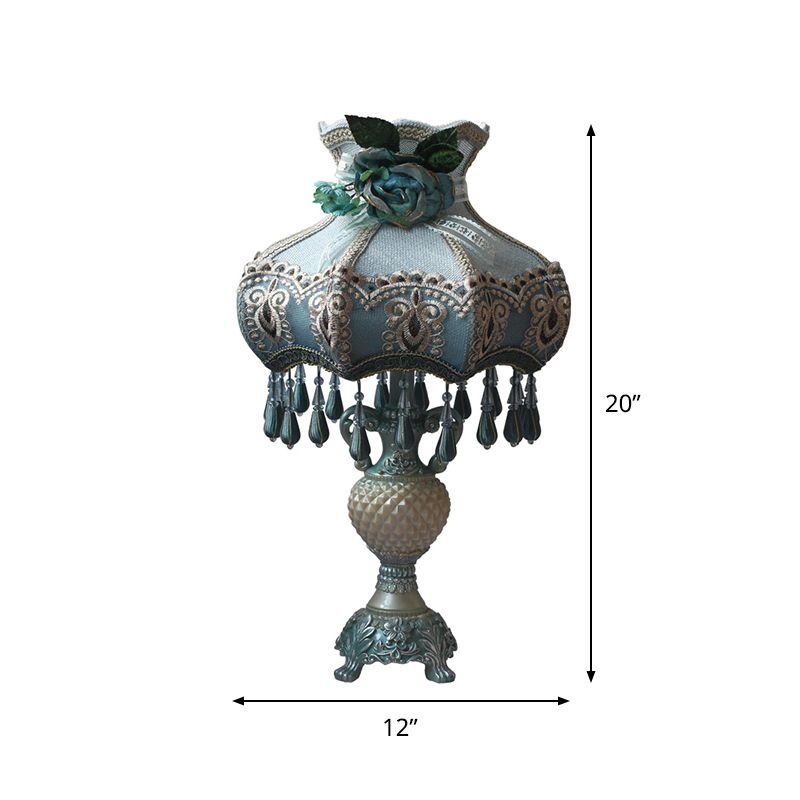 Peacock Blue Vase Night Light Vintage 1 Éclairage de table de chevet de résine Bulbe avec ombre en tissu
