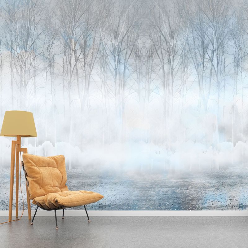 Simple Misty Forest Wall Mural for Dining Room, Custom Size Wall Art in Blue and Grey