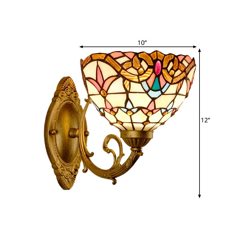 Gold Domed Wall Mount Lamp Baroque 1 Head Stained Glass Wall Sconce with Swirled Arm