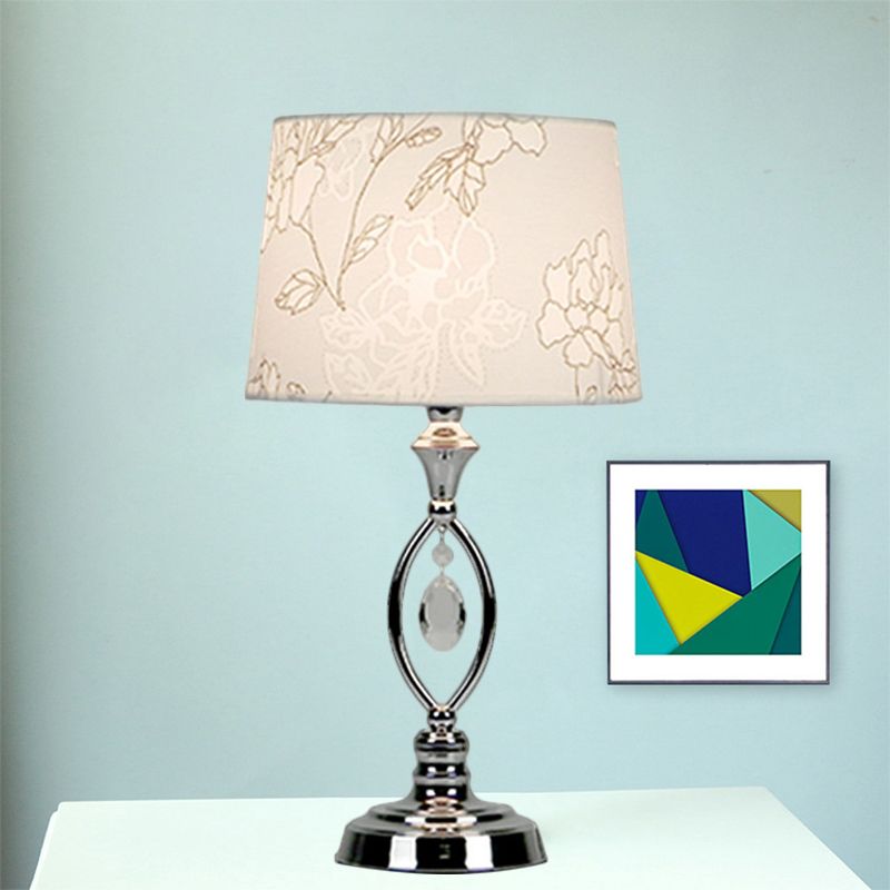 Fabric Barrel Shade Nightstand Lamp Modern Style 1 Head White/Red/Black and White Desk Light with Crystal Drop