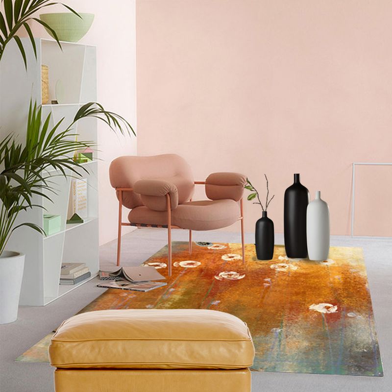 Orange Contemporary Rug Polyester Abstract Ombre Rug with Flower Washable Area Rug for Bedroom