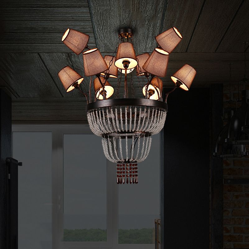 Copper Cascade Pendant Chandelier Vintage Fabric 12 Heads Restaurant Hanging Ceiling Light
