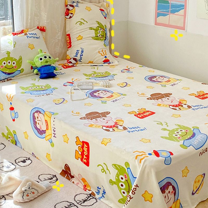 Cartoon Print Bed Sheet Set Flannel Super Soft Modern Pillowcase