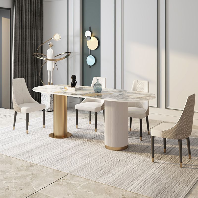 Traditional Luxury Sintered Stone Top Dining Table in White Oval Table with Double Pedestal