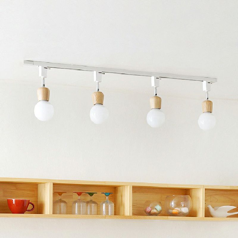 Exposed Bulb Track Lighting Simplicity Wooden 4-Light Dining Room Semi Flush Ceiling Light in White