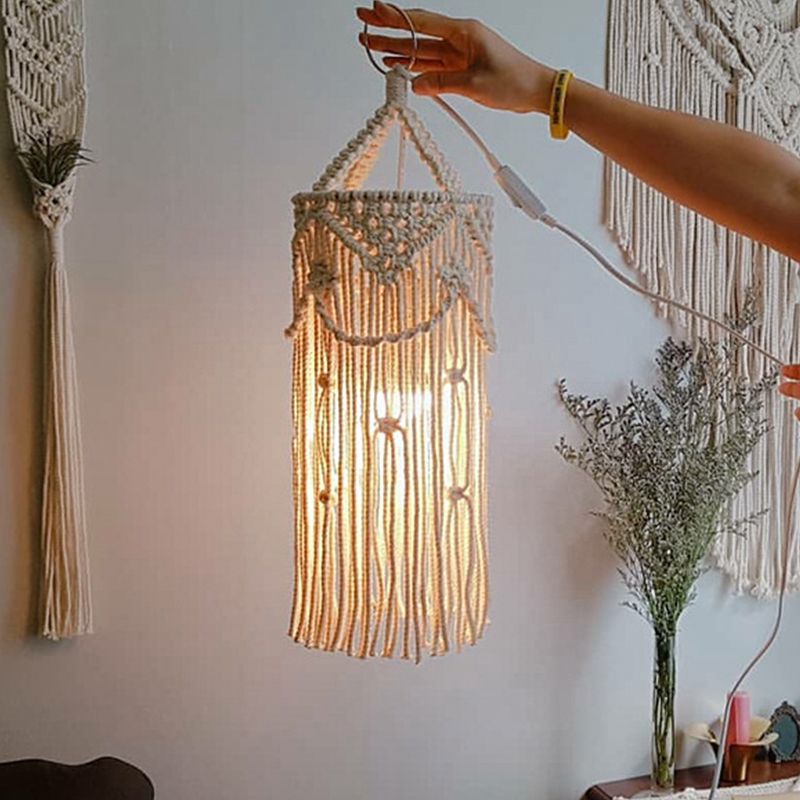 1-Head Rope Pendant Lighting Country White Cylinder Tassel Dining Room Ceiling Suspension Lamp