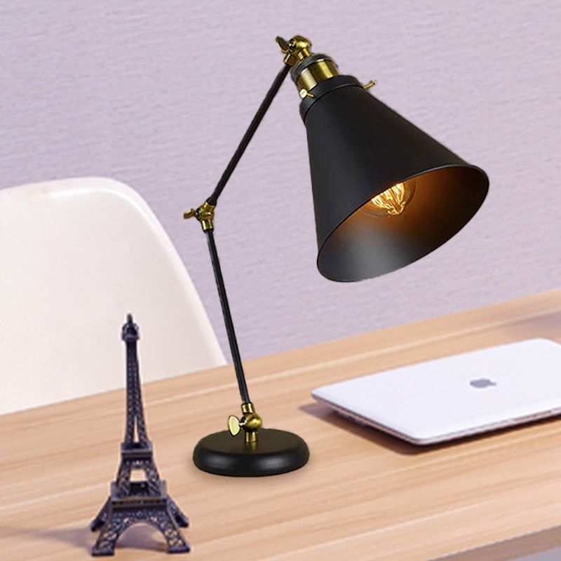 Industrial Stylish Conical Reading Light 1 Light Metallic Flexible Desk Lamp in Black for Study Room