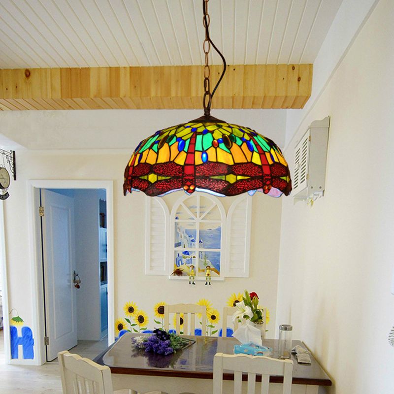 Tiffany Dragonfly Pendant Lighting Ayémordial 1 Light Taching Glowing Plafond Light in Red / Yellow / Blue for Kitchen