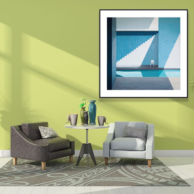 Nordischer Leinwanddruck, dunkle Farbe, Ecke eines Gebäudes und Stuhl, Wandkunst, Dekor für Schlafzimmer