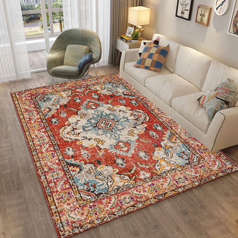 Red Tone Traditional Area Carpet Polyester Moroccan Print Indoor Rug Easy Care Carpet for Living Room