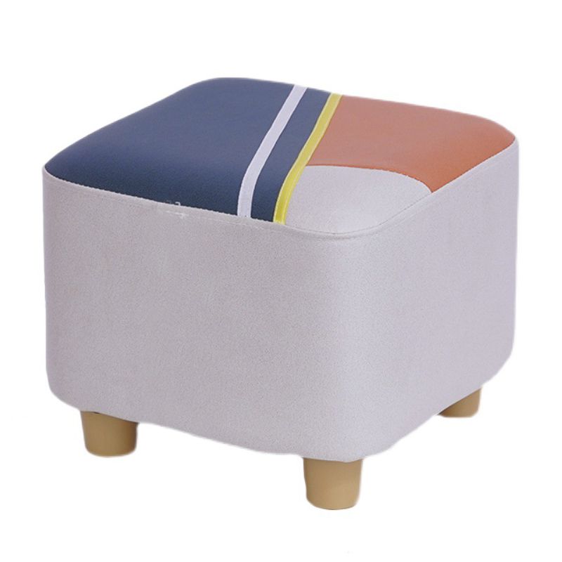 Contemporary Pouf Ottoman Fabric Upholstered Patchwork Solid Wood Frame Square Ottoman