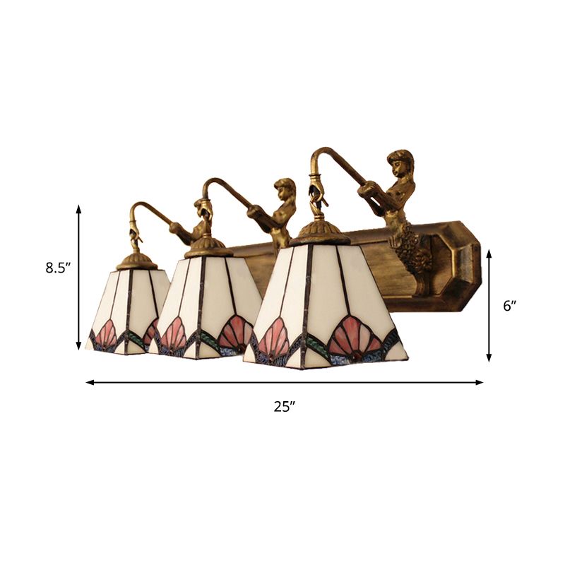 Trapezoid Wall Mount Light Tiffany White Glass 3 Lights Brass Vanity Light Fixture with Mermaid Decoration