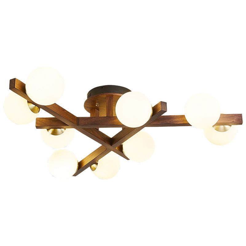 Log Color Sputnik LED Semi Flush Mount in Modern Luxury Style Wooden Ceiling Light with Opal Glass Shade
