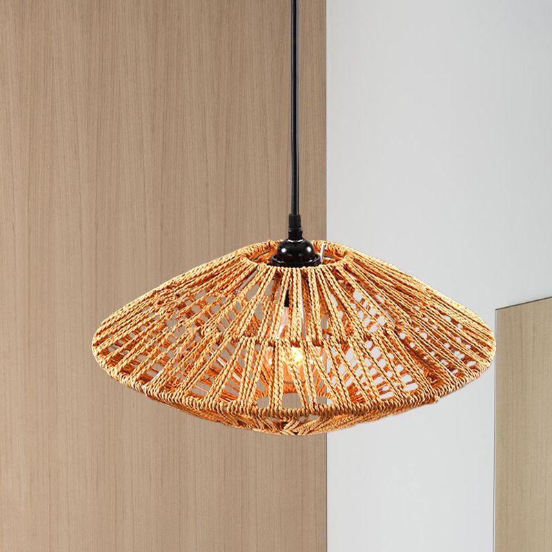 Asian Style Flying Saucer Hanging Light Fixture Rattan 1 Light Restaurant Pendant Lamp in Beige
