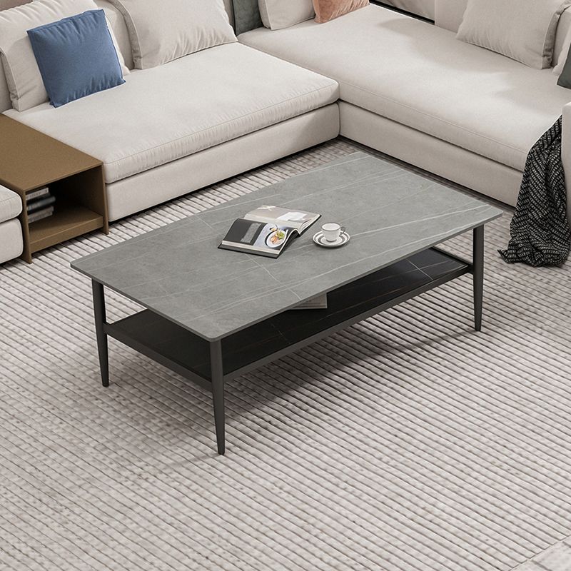17.7" H Rectangle Slate Coffee Table Iron 4 Legs Cocktail Table with Shelf