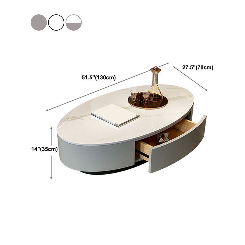 Glam Slate Coffee Table Oval Pedestal Coffee Table with Drawer