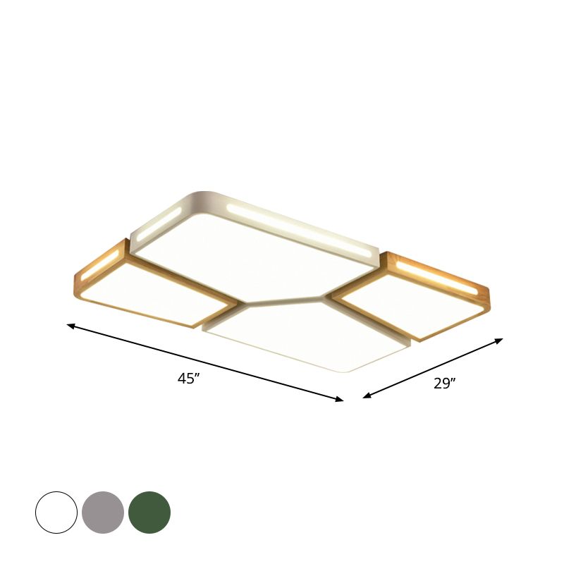 Modern Spliced Rectangle Flush Mount Wooden 35.5"/45" Wide LED Bedroom Ceiling Flush Light in Grey/White/Green