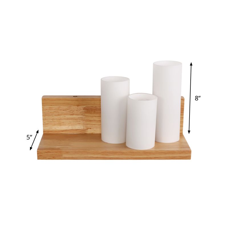 Asian 3 Heads Sconce Wood Tube Wall Lighting Fixture with Opal Glass Shade for Dining Room