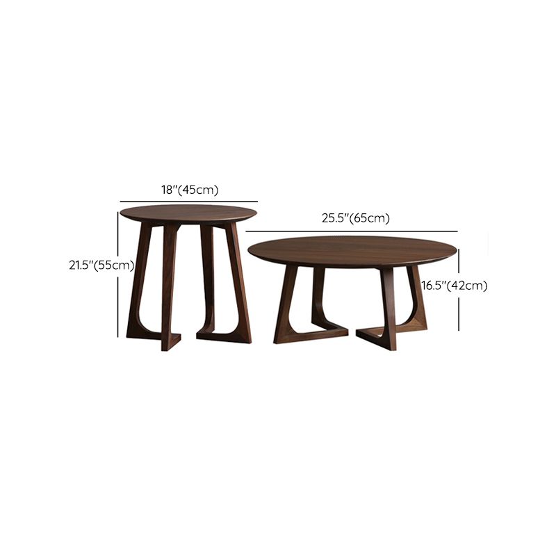 Solid Wood Round Coffee Table in Brown Scandinavian 2 Pieces Cocktail Table Set
