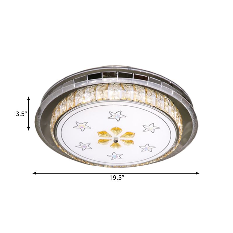 Modern Circular Ceiling Mount Clear Faceted Crystal Blocks LED Flush Light Fixture in Stainless-Steel