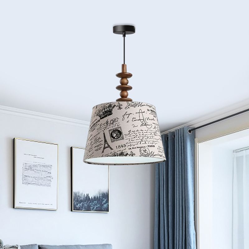 1 Bulb Fabric Suspension Light Countryside Fabric White Conical Script Printing Dining Room Drop Pendant