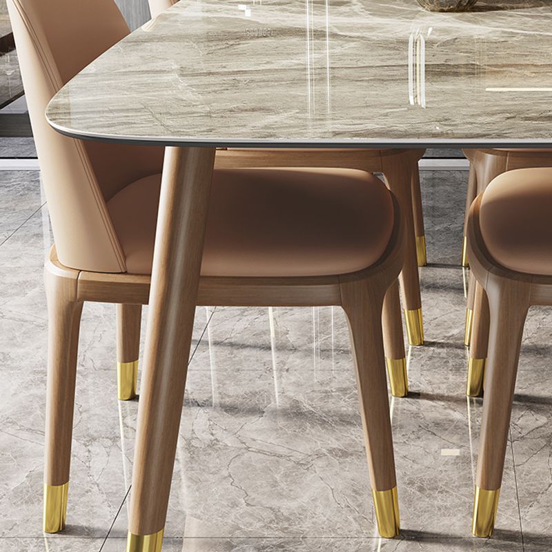 Gray Stone Top Dining Table Mid-Century Modern Dining Table with 4 Wood Legs