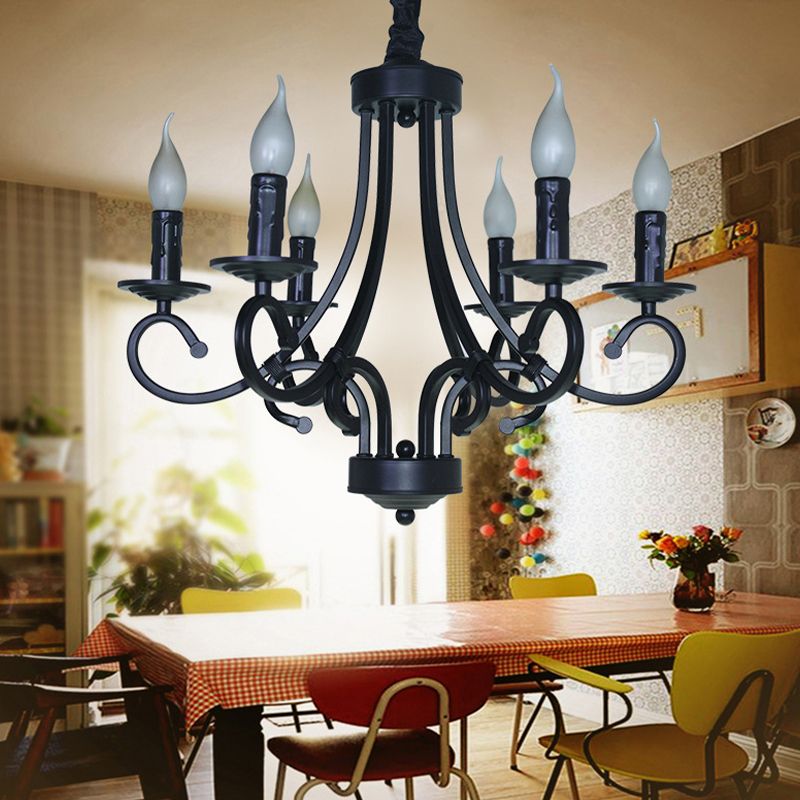 Vintage Style Exposed Chandelier Light with Candle 6/8 Heads Iron Hanging Ceiling Light in Black