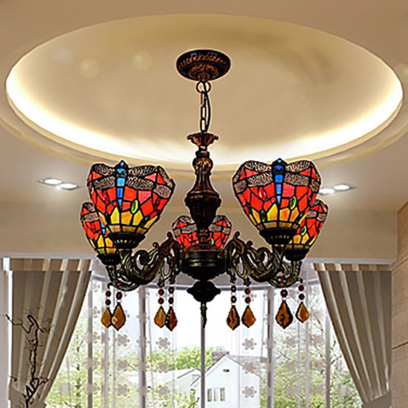 Lustre de style tiffany 5 lumières vitrail