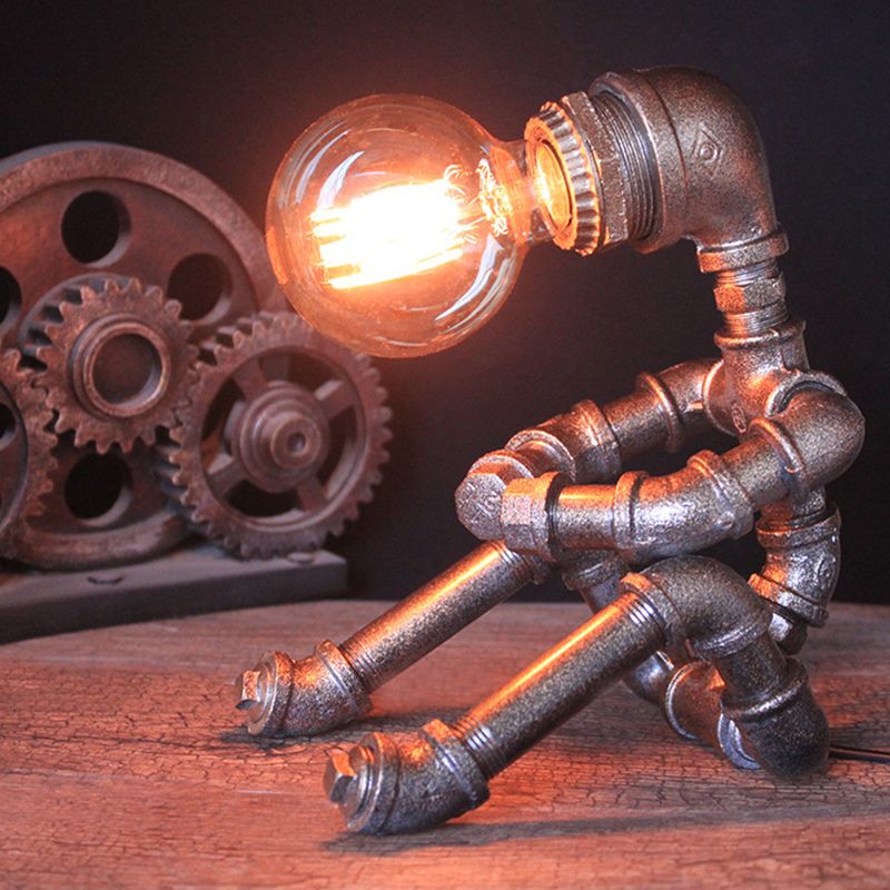 Metallic Silver Table Lighting Robot Pipe 1-Bulb Industrial Nightstand Light with Exposed Bulb Design