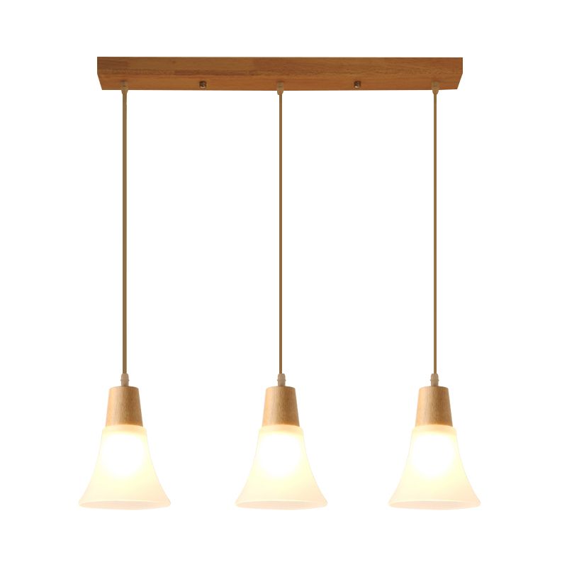 Bell/Bowl/Barrel Ceiling Hang Lamp Nordic Ivory Glass 3-Head Dining Room Round/Linear-Canopy Cluster Pendant in Wood