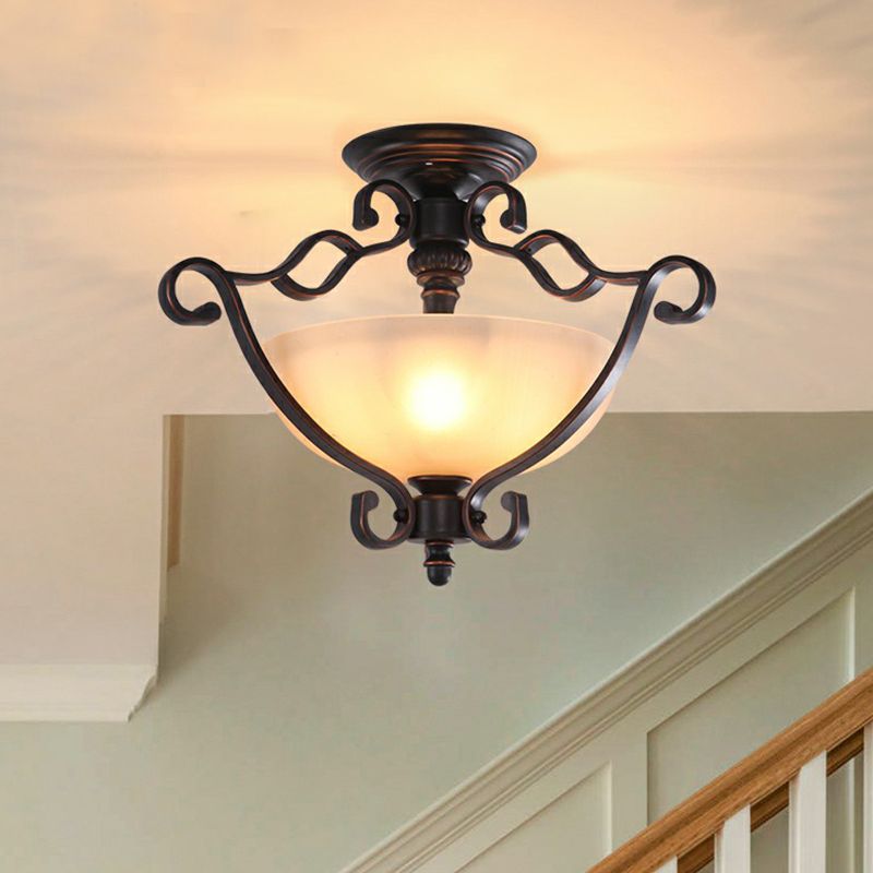 Copper Single Semi Flush Light Rustic Iron Scrolled Ceiling Flush Mount with Bowl Beige Glass Shade