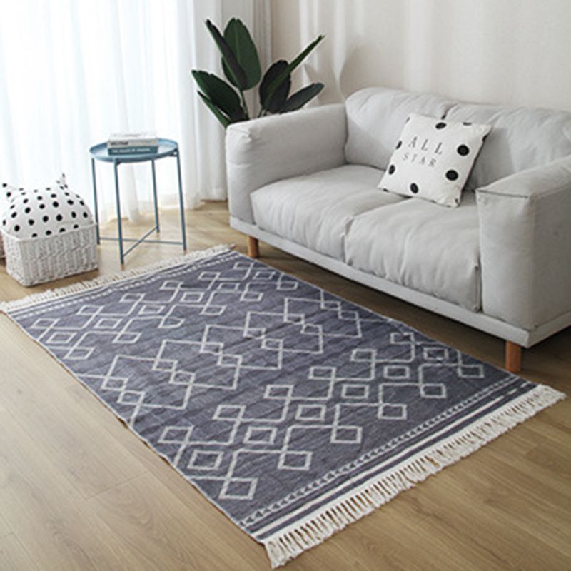 White Tone Moroccan Area Rug Cotton Tribal Print Rug Easy Care Indoor Rug for Living Room